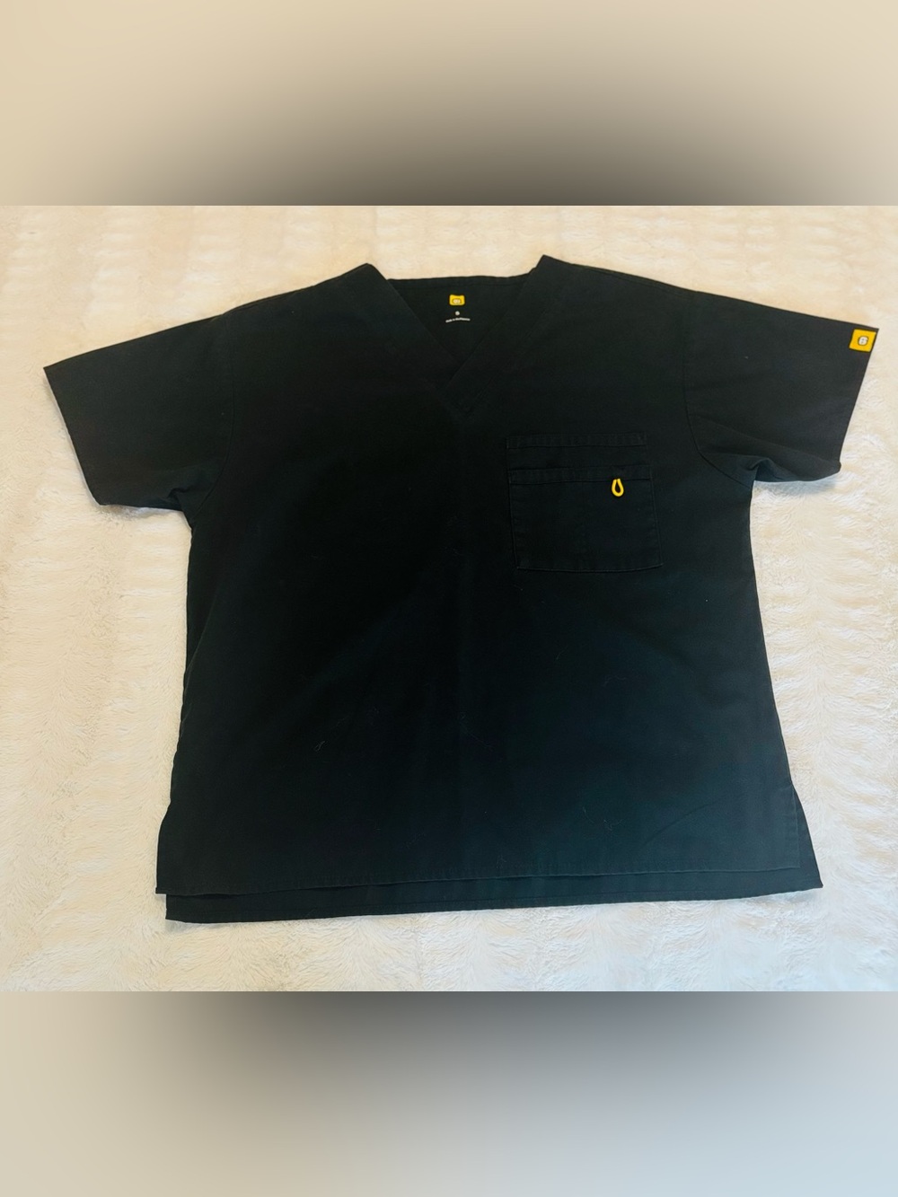 Black V-Neck Short Sleeve Scrub Top with Yellow Accent